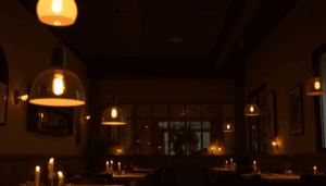 Hyggelig restaurantindretning med dæmpet belysning, varme pendellamper, stearinlys, naturligt træ og minimalistisk skandinavisk design, der skaber ...