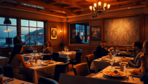 Hyggelig restaurantindretning ved skumringstid med varmt lys, et lille jazzband på scenen, elegante borde med gourmetretter og gæster, der nyder mu...