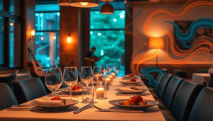 Hyggelig restaurantscene med et elegant bord, kunstnerisk anretning, blødt lys og abstrakte svirvler, der repræsenterer aromaer og levende farver, ...