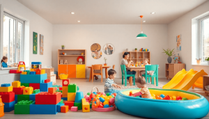 Lys indendørs legeplads med farverige legetøj ved siden af et hyggeligt spiseområde, hvor forældre slapper af og børn leger glade, hvilket skaber e...