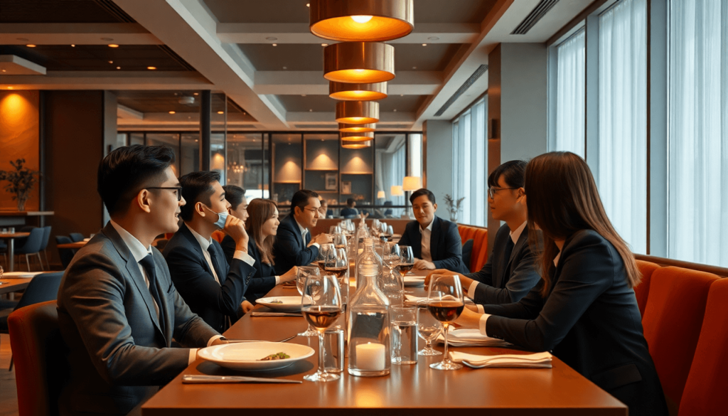 Moderne restaurantinteriør med elegante bordopdækninger og professionelle, der er engageret i samtale, med blød belysning og skandinaviske designel...