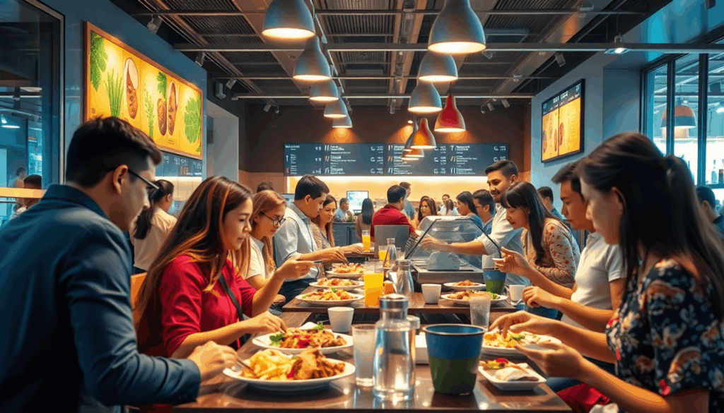 Travl moderne restaurant med glade kunder, der spiser, opmærksomt personale, der hurtigt betjener, dynamiske bevægelseslinjer og varmt lys, der ska...