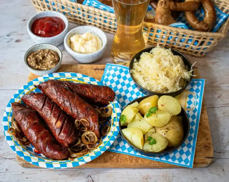 Tallerken med grillpølser, kartofler og tilbehør på et ternet dug