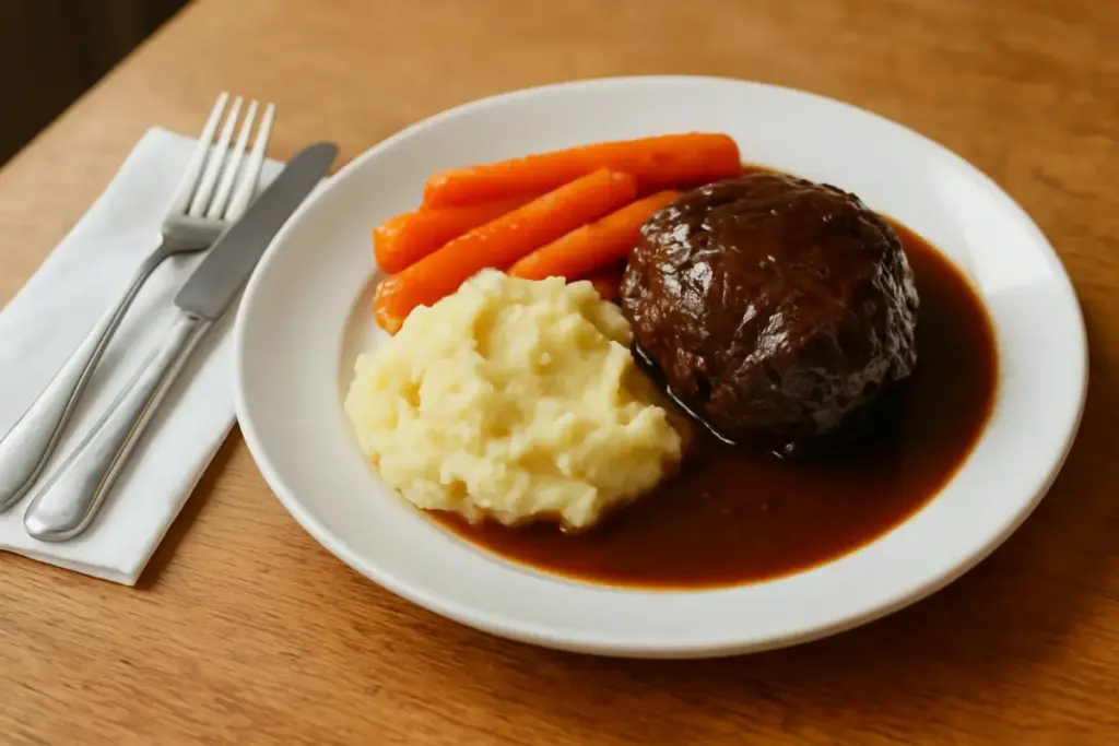 Braiseret oksekæbe med kartoffelmos og glaserede gulerødder på en hvid tallerken på et enkelt bistrobord.