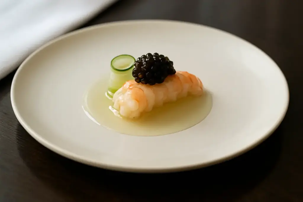 Præcist anrettet gourmetret med jomfruhummer, kaviar og agurk på fint porcelæn i dagslys.