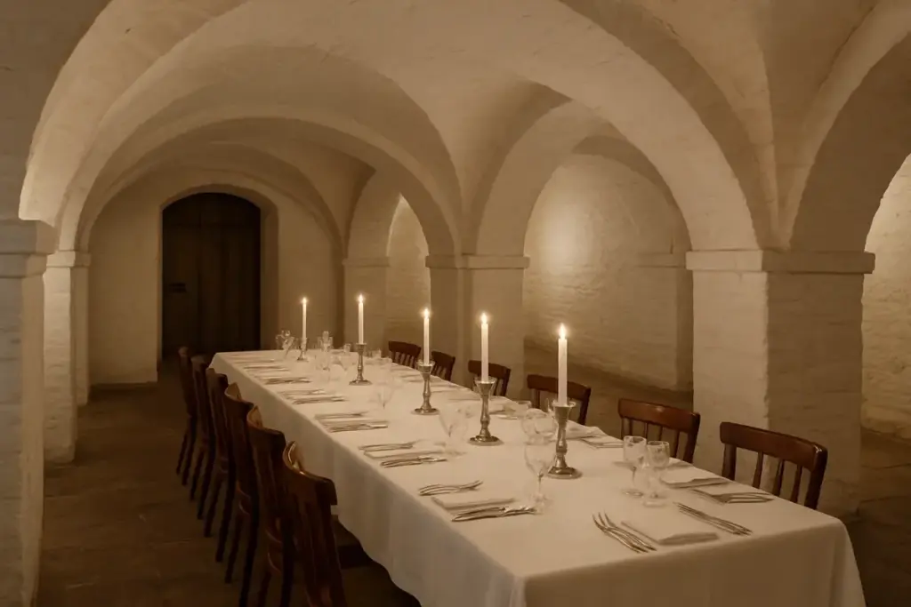 Historisk hvælvet kælderrestaurant med hvid dug, sølvbestik og levende lys.