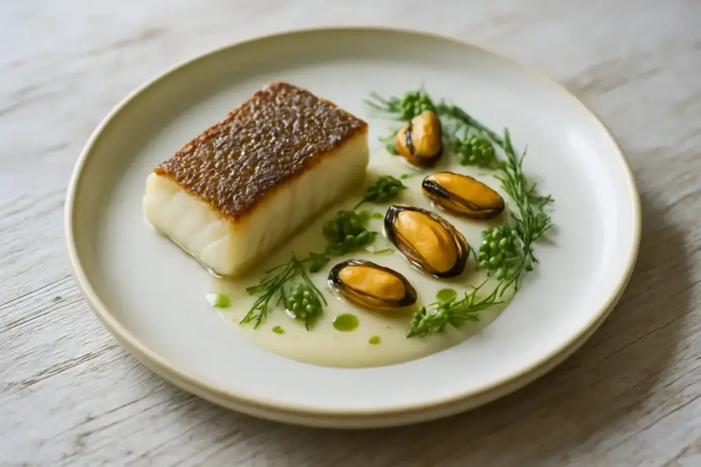 Nordjysk kystret med torsk, muslinger, kliturter og skaldyrsemulsion på lys keramik i køligt dagslys.