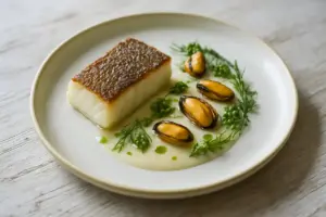 Nordjysk kystret med torsk, muslinger, kliturter og skaldyrsemulsion på lys keramik i køligt dagslys.