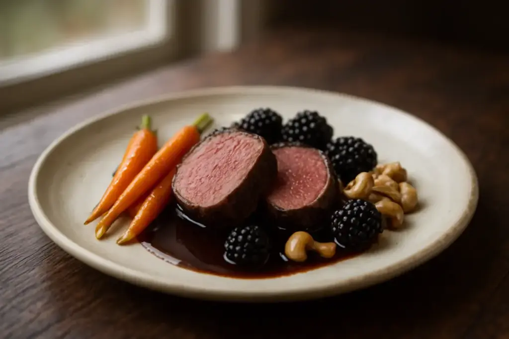 Sjællandsk vildtret med hjortefilet, glaserede gulerødder, brombær og mørk sauce på lys keramik i dagslys.