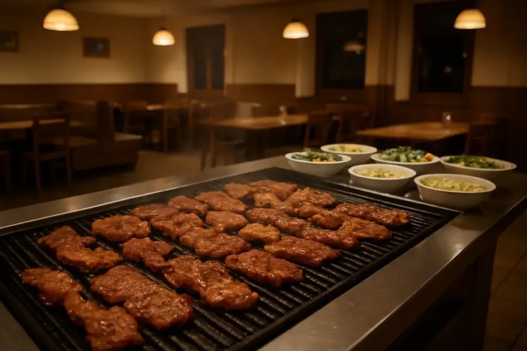Grillbuffet med kødstykker på en varm grillplade i et tomt familierestaurantlokale.
