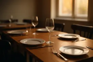 Dækket bord med tallerkener og glas i et tomt restaurantlokale.