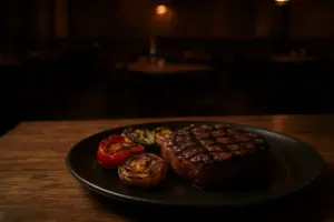 Grillet bøf og grønsager på en tallerken på et mørkt træbord.