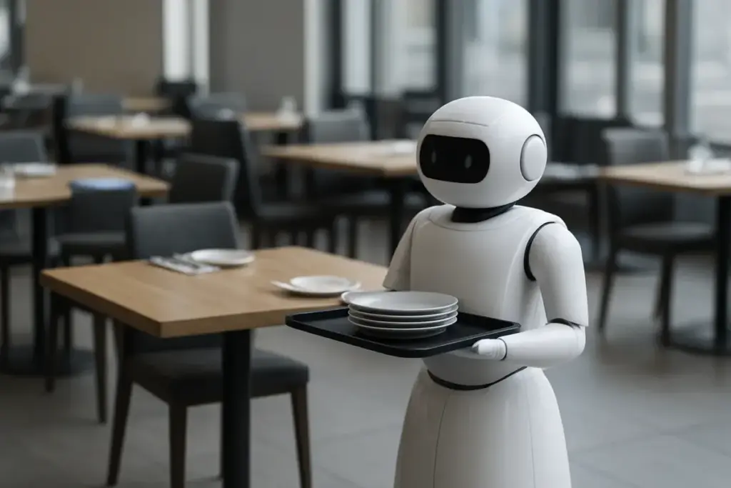 Serveringsrobot med en bakke i et tomt restaurantlokale.
