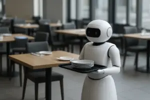 Serveringsrobot med en bakke i et tomt restaurantlokale.