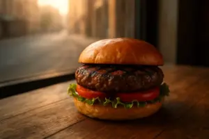 Burger på et træbord med en sløret bygade i baggrunden.