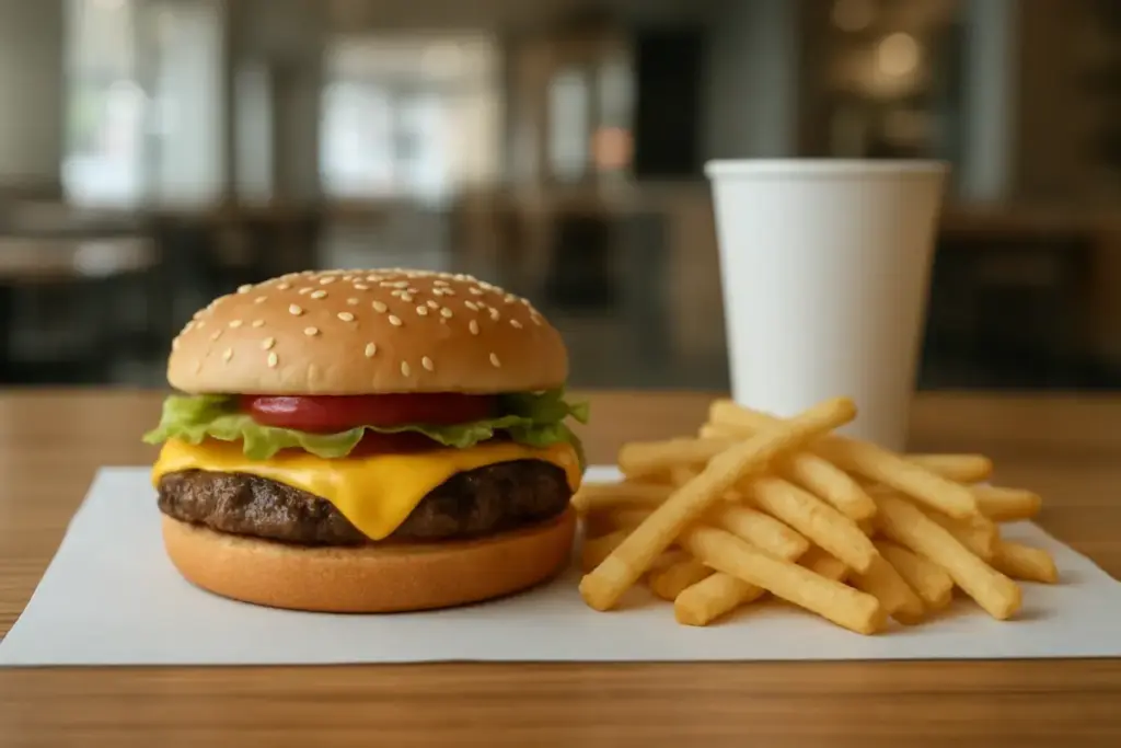 Burger og pommes frites på et bord med en tom hvid papirindpakning ved siden af.