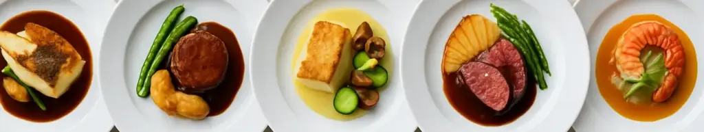 Fem franske anretninger med skinnende saucer på hvidt porcelæn side om side, set lige ovenfra.
