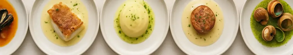 Fem franske anretninger med fisk og skaldyr på lyst porcelæn side om side, set lige ovenfra.