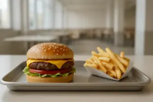 Burger og pommes frites på en metalbakke i et lyst fastfoodlokale.