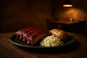 Grillribs og tilbehør på et mørkt træbord i et tomt steakhouse.