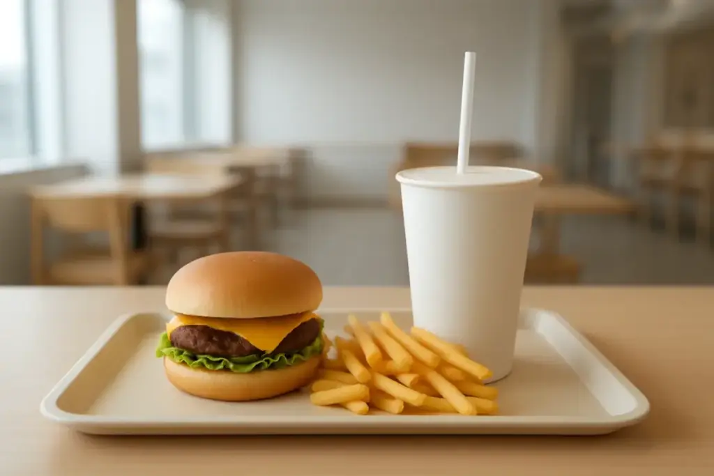 Burger, pommes frites og en milkshake på en bakke i et lyst fastfoodlokale.