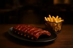 Grillribs og pommes frites i trådkurv på et mørkt træbord.