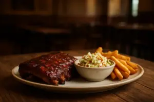 Grillribs med coleslaw og pommes frites på en tallerken.