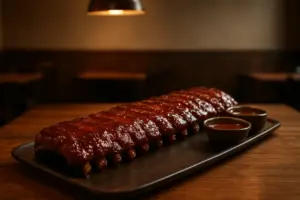 Grillribs på et langt fad med tilbehør på et træbord.