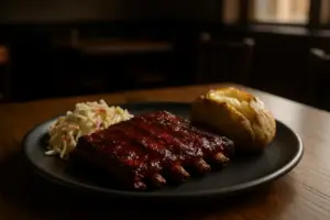 Grillribs med coleslaw og bagt kartoffel på et mørkt bord.