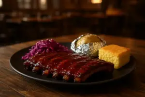 Grillribs med rødkålssalat, bagt kartoffel og majsbrød på et træbord.