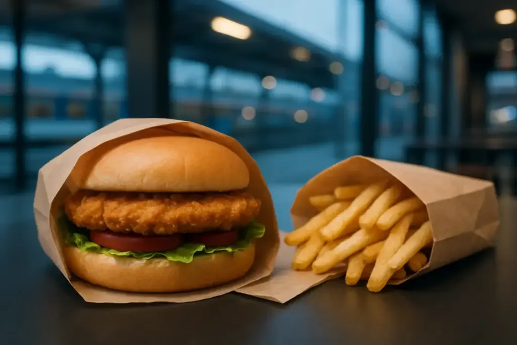 Burger og pommes frites i en enkel papirindpakning på et mørkt bord.