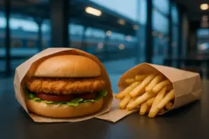 Burger og pommes frites i en enkel papirindpakning på et mørkt bord.