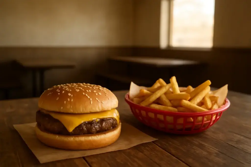 Burger og pommes frites på et træbord i et tomt spisested.
