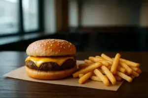 Cheeseburger med pommes frites på et mørkt træbord.
