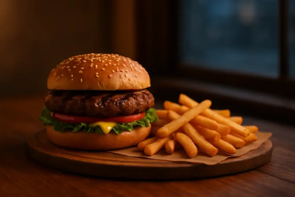 Burger og pommes frites på et bord ved et vindue med aftenlys.