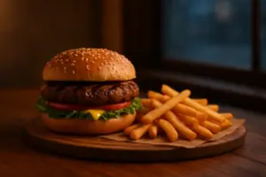 Burger og pommes frites på et bord ved et vindue med aftenlys.