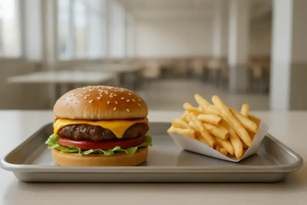 Burger og pommes frites på en metalbakke i et lyst fastfoodlokale.