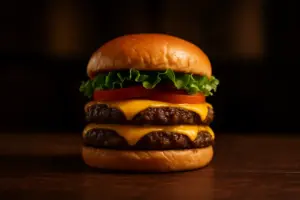 Dobbelt cheeseburger med salat og tomat på et mørkt træbord.