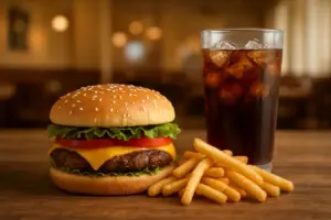 Cheeseburger og pommes frites med et almindeligt glas sodavand uden mærkat.
