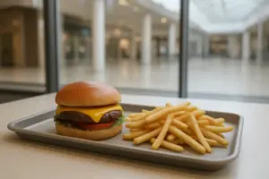 Burger og pommes frites på en bakke ved et vindue med dagslys.