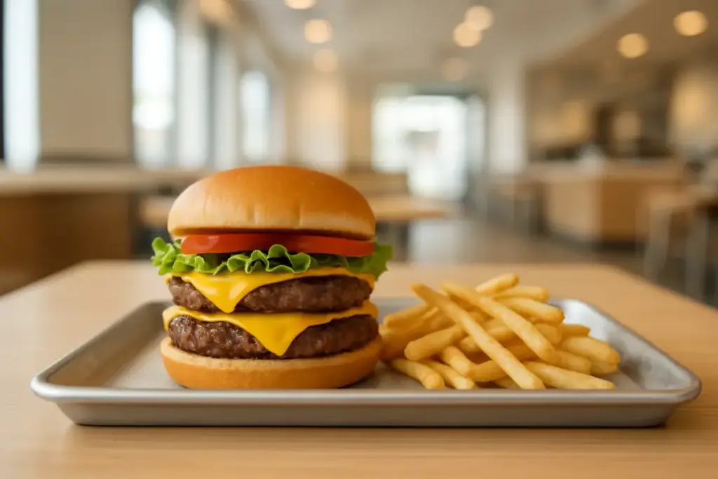 Dobbelt cheeseburger og pommes frites på en metalbakke.