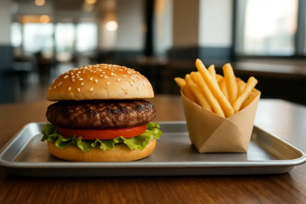 Flammegrillet burger og pommes frites på en bakke i et lyst fastfoodlokale.