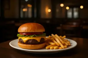 Cheeseburger på en tallerken med pommes frites ved siden af på et mørkt bord.