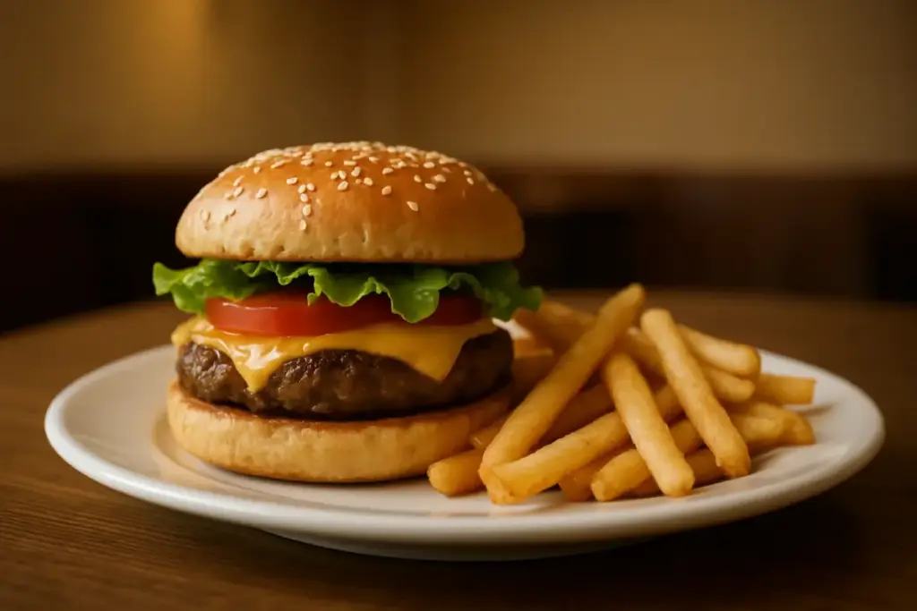 Burger med pommes frites på en tallerken på et træbord.
