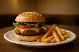 Burger med pommes frites på en tallerken på et træbord.
