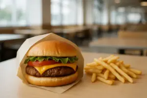 Burger i enkel papirindpakning med pommes frites på et lyst bord.