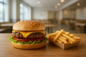 Cheeseburger og pommes frites på et træbord.