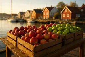 Æbler i trækasser ved en havn i efterårslys, med en lille nordisk havneby i baggrunden