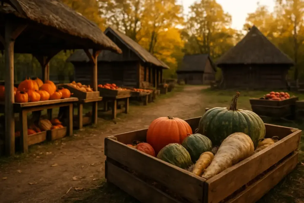 Træboder med æbler, græskar og gamle grøntsagssorter foran bindingsværksgårde på et frilandsmuseum om høsten