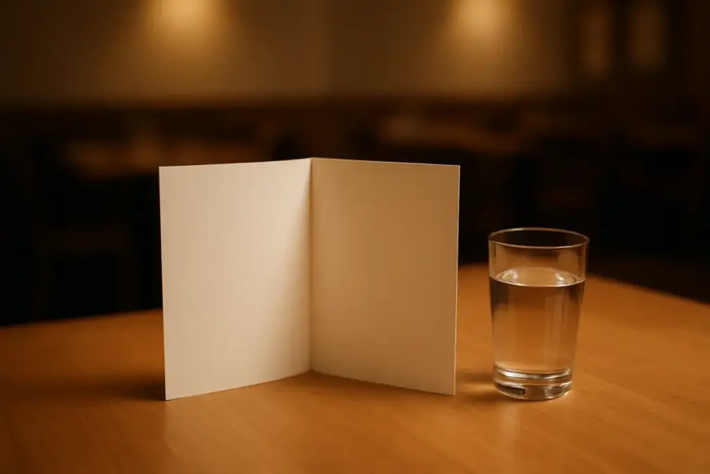 Opslået menukort på et bord med et glas vand ved siden af.